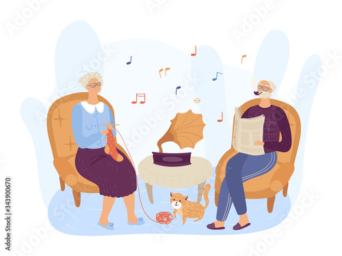 Cartoon grandmother knit socks, her grandfather reads the newspaper listening to music and enjoying life after retiring isolated on white vector illustration. Old people spend time together at home
