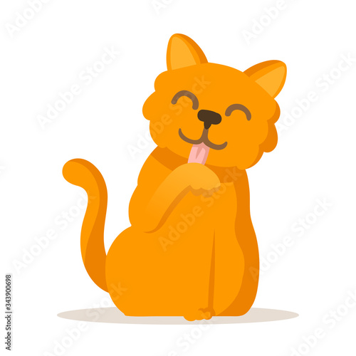 Cute red cat licking its paw, cartoon character. Colorful flat vector illustration, isolated on white background.