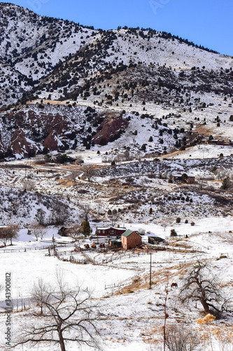 Snow-covered Rockies in the sun from Dinosaur Ridge  Colorado  USA