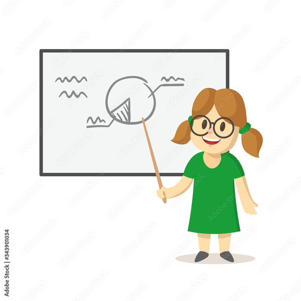 Cute smiling girl standing next to whiteboard with diagram on it. School, classroom, lesson. Colorful flat vector illustration, isolated on white background. Cute smiling girl standing next to whiteboard with diagram on it. School, classroom, lesson. Colorful flat vector illustration, isolated on white background.