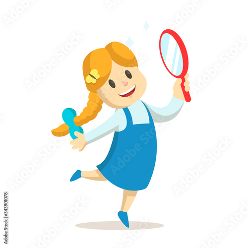 Happy girl dancing with a mirror in her hand. Colorful flat vector illustration, isolated on white background.