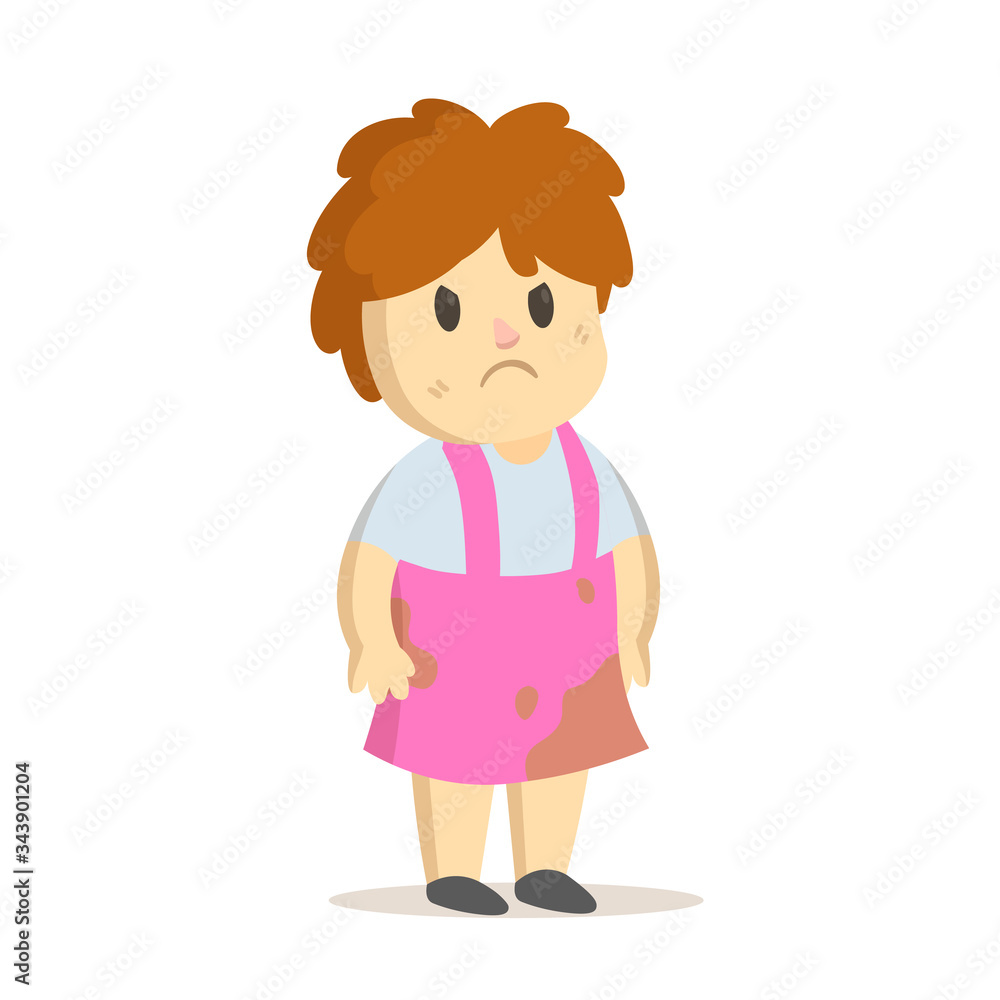 Grumpy girl in dirty pink dress, cartoon character. Untidy, grubby little child playing. Colorful flat vector illustration, isolated on white background. Grumpy girl in dirty pink dress, cartoon character. Untidy, grubby little child playing. Colorful flat vector illustration, isolated on white background.