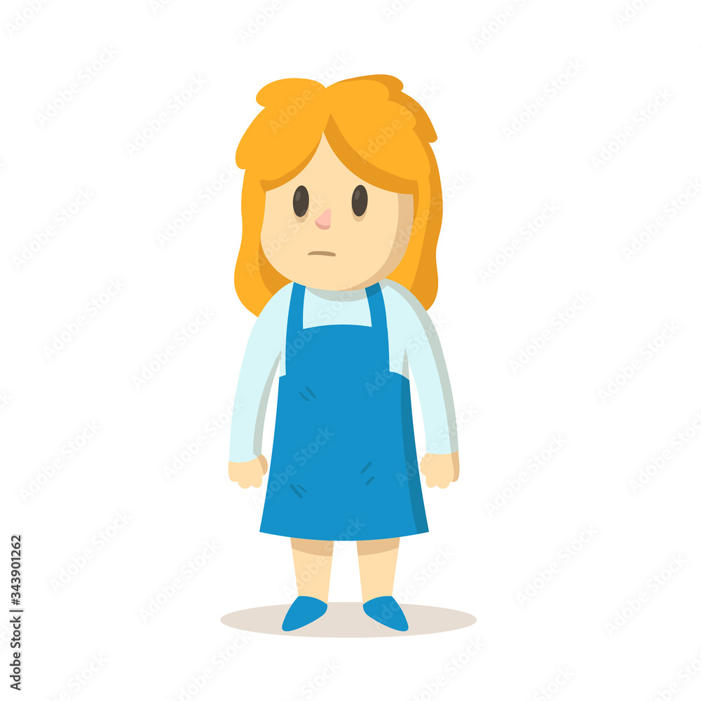 Funny confused blonde girl with messy hair, cartoon character. Colorful flat vector illustration, isolated on white background.