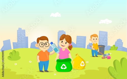 Smiling kids collecting plastic garbage and segregating waste on city and blue sky background. Waste sorting management, recycling, ecology. Cartoon flat vector illustration.