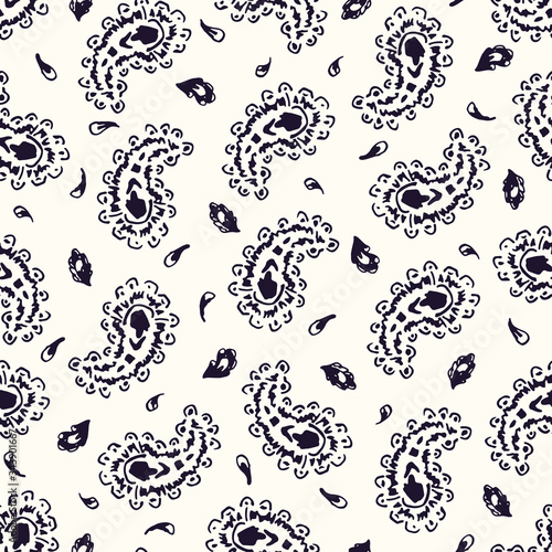 Hand-Drawn Artistic Ink Black, White Paisley Swirls Vector Seamless Pattern. Boho Traditional Ethnic Fashion Shawl Print. Monochrome Line Painterly Doodle Folk Foulard Texture Background