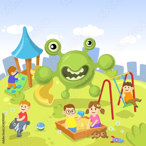 Green cartoon Virus monster standing on the playground full of children. Stay home concept. Ncov  covid19  coronavirus pandemic. Cartoon flat vector illustration.