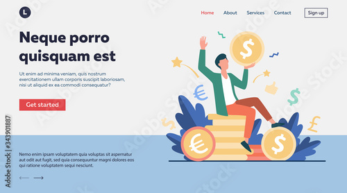 Happy businessman earning money flat vector illustration. Cartoon millionaire or banker holding huge coin. Finance growth and market concept