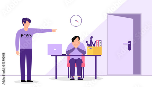 The boss fires an employee. A sad man sits at his former workplace, and the boss shows him the door. The concept of layoffs, unemployment and job cuts. Vector illustration in a flat style.