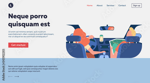 Driver and passenger navigating on road within map and mobile app. Back view of people inside car interior. Vector illustration for navigation, driving, travel, transportation concept