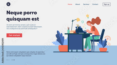 Female writer using retro typing machine. Young woman inspiring with idea, writing creative article at her workplace. Vector illustration for creative crisis, copywriting, vintage concept