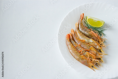 Fresh lemon and dill. Fresh prawns on a white plate with.