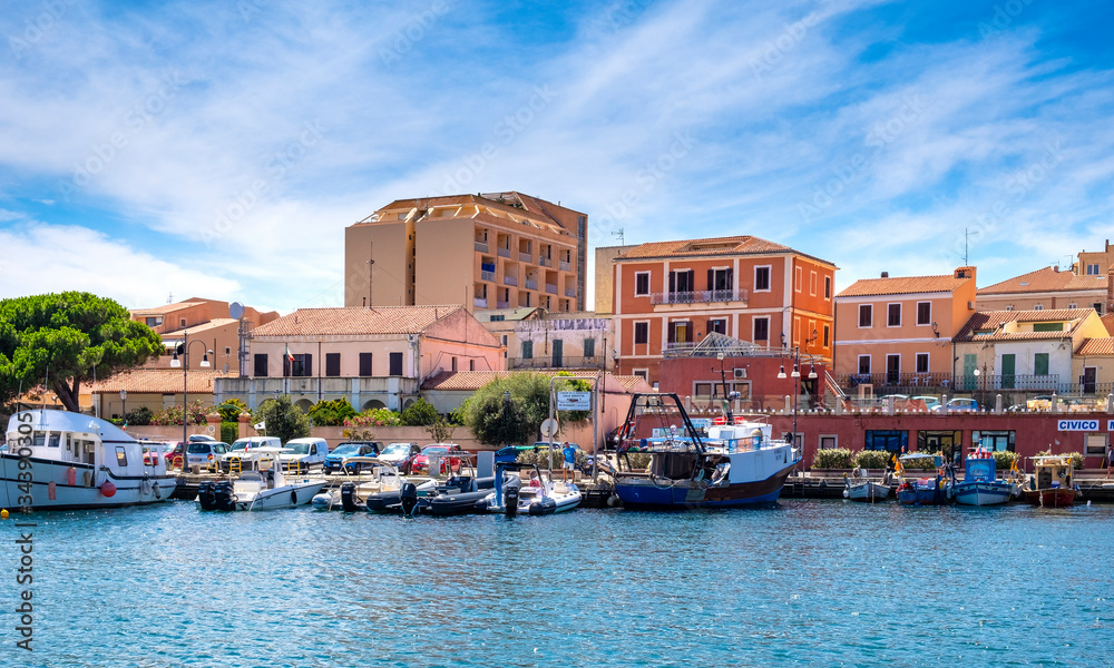 La Maddalena, Sardinia, Italy - Panoramic view of La Maddalena port - Porto di Cala Gavetta - and marina quarter at the Tyrrhenian Sea coastline