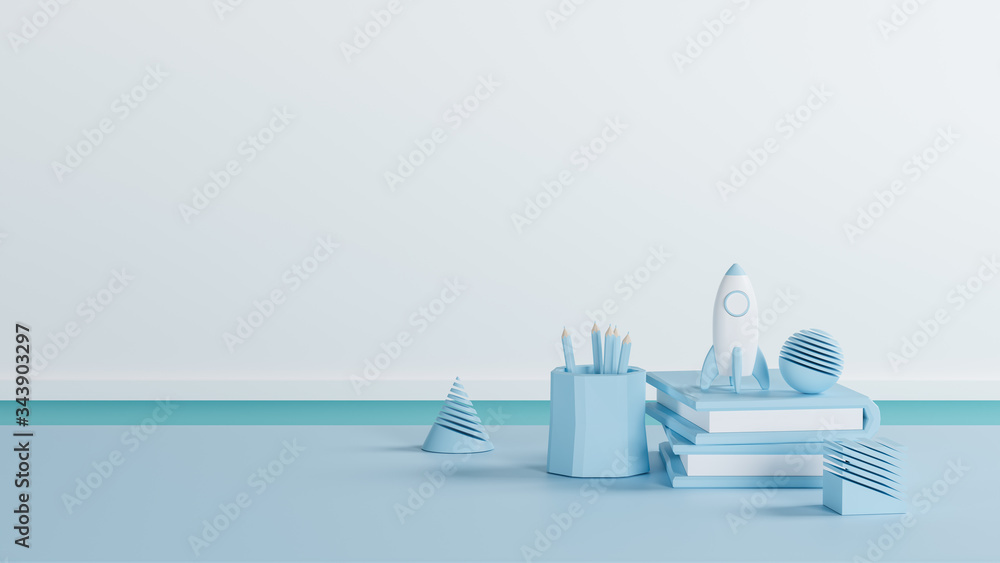 3D illustration, blue tone of school supplies on the table, 3D rendering with back to school concept 3D illustration, blue tone of school supplies on the table, 3D rendering with back to school concept