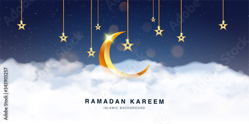 Ramadan Kareem Celebration Greeting Card background template vector design Decorated With 3d Realistic Crescent moon and clound. Islamic eid mubarak banner