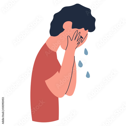 Cartoon of casual upset man are crying isolated on white illustration, vector. Young guy sad expression, resentment and pain, the mood of people. Unhappy male for use in advertising, background or