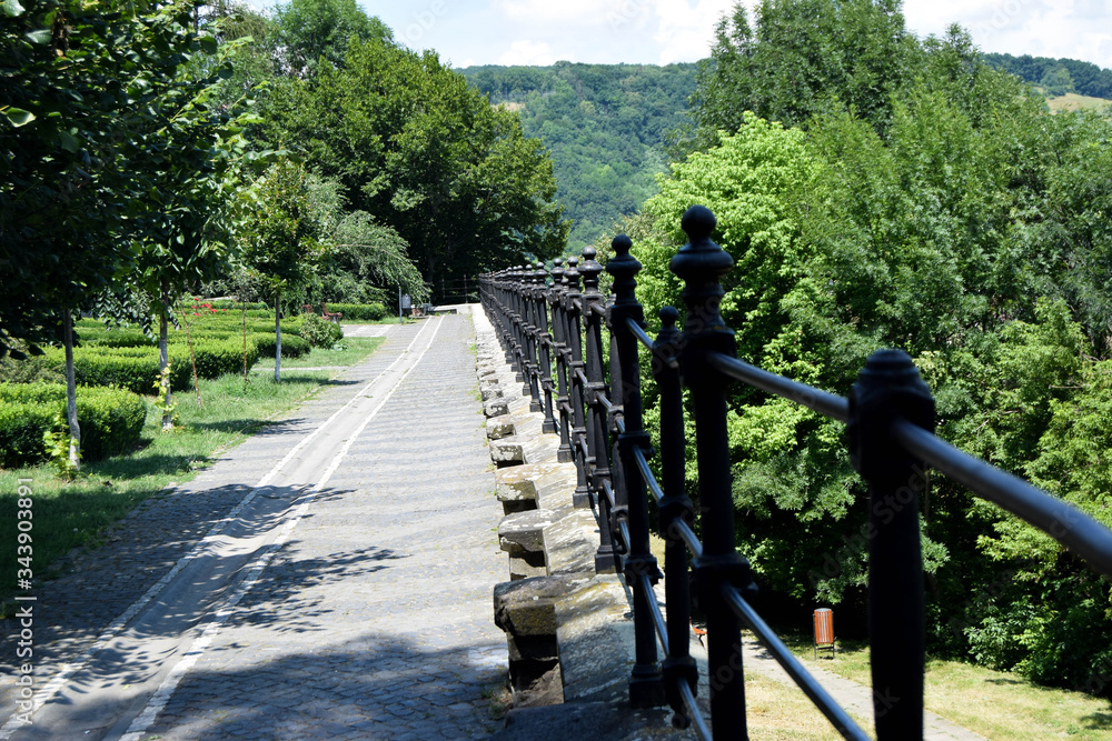 old fence delimits the alley of a park full of greenery in Sighisoara