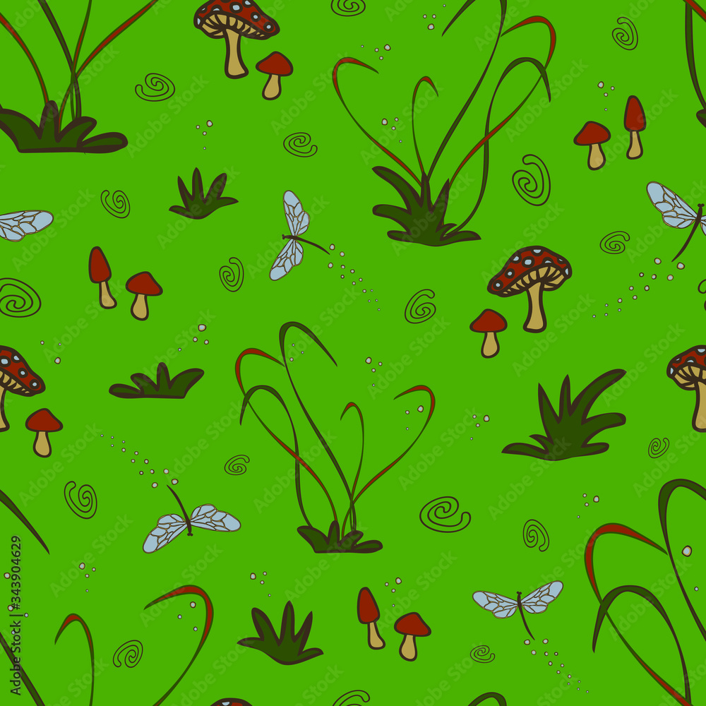Seamless vector pattern with mushrooms and dragonfly's on green background. Magical forest wallpaper design for children. 