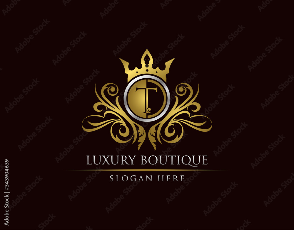 Luxury Boutique T Letter Logo, Circle Gold Crown T Classic Badge Design