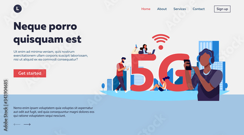 Young people using 5G high speed wireless internet connection. Men and women using digital devices with free city Wi-Fi. Vector illustration for telecom, smart city buildings concept