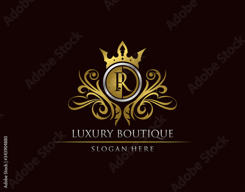 Luxury Boutique R Letter Logo, Circle Gold Crown R Classic Badge Design