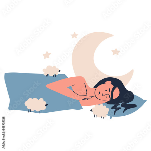 Sad tired sleepy woman lying on bed at home suffers from insomnia night isolated on white vector illustration. Female counts sheep but can not sleep. Girl character, human face negative expression