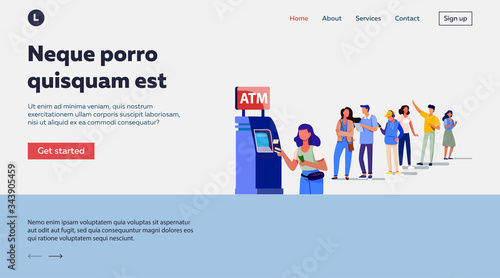 Queue of people standing for using ATM. Bank customer inserting credit card to slot for transaction. Vector illustration for business, banking, finance concept