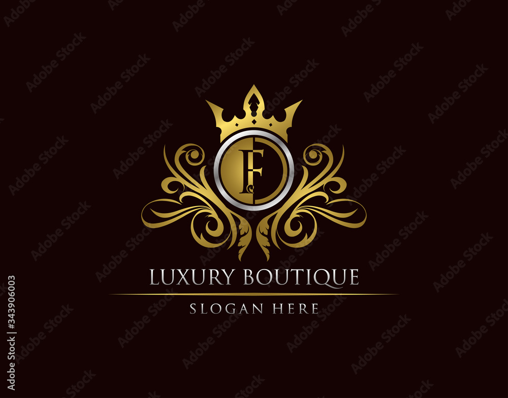 Luxury Boutique F Letter Logo, Circle Gold Crown F Classic Badge Design Luxury Boutique F Letter Logo, Circle Gold Crown F Classic Badge Design