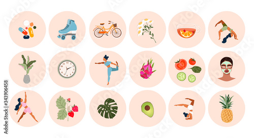 Healthy lifestyle icon set. Big collection of modern hand-drawn vector stickers about fitness and healthy living. Different icons with girls doing yoga, fruits and vegetables, and sport activities.