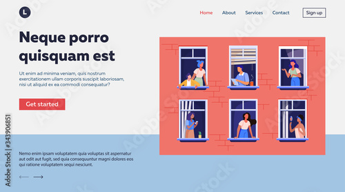Apartment building with people in open window spaces. Neighbors drinking coffee, talking, using cell. Vector illustration for block of flat, condo, neighborhood, community, house friendship concept
