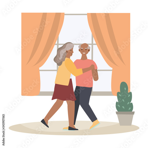 Old male and female dancing on street, senior romantic night concept and vector illustration on white background. Activities elderly character couple dancing on romantic date. Simple flat style.