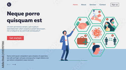 Doctor presenting tips for protection from coronavirus and epidemic spread prevention. Vector illustration for covid 19, symptoms, protection, safety, infection concept