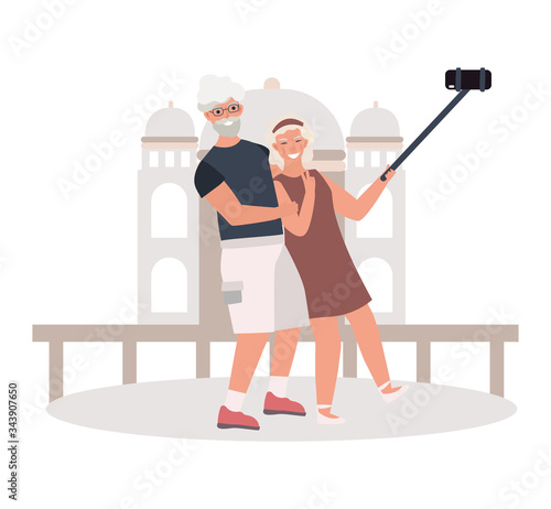 Aged male and female traveling around world, selphie concept, simple flat vector illustration on white background. Design for web, poster. Older people take photo, video, save memories.