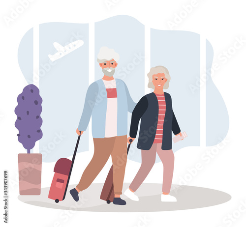 Old male and female in international airport concept and vector illustration on white background. Older people with baggage, elderly character traveling around world. Simple flat style.