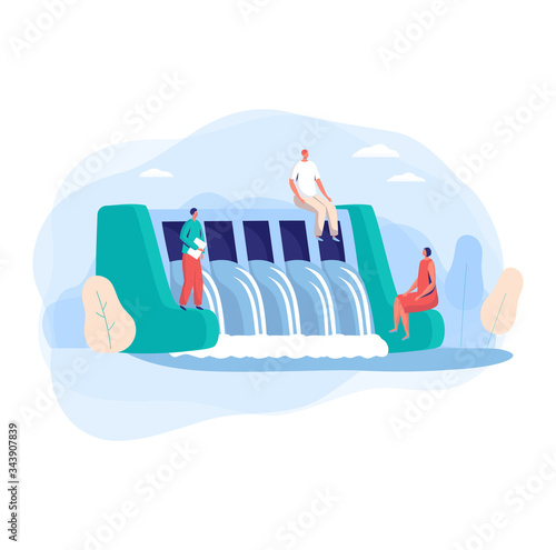 Hydroelectric power station with people characters in city concept and vector illustration on white background. Eco clean modern electric power. Technological water electricity. Simple flat style.