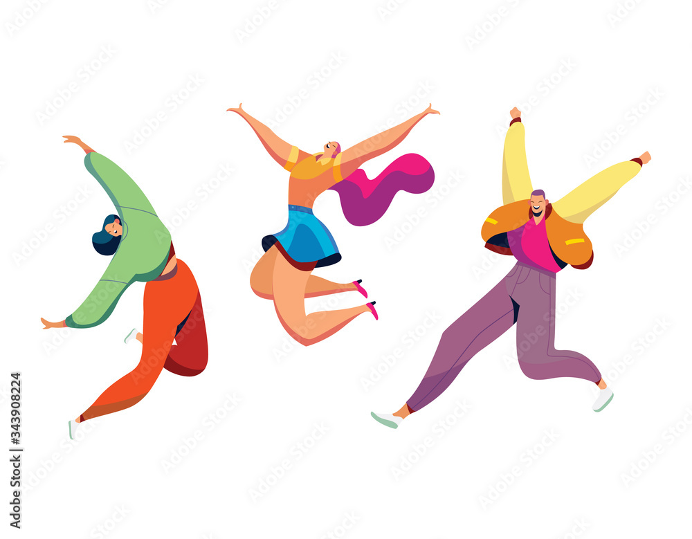 Happy people jump, fun and celebration group of people concept and vector illustration on white background. Female and male characters jump, company of people rejoices victory. Cartoon style.