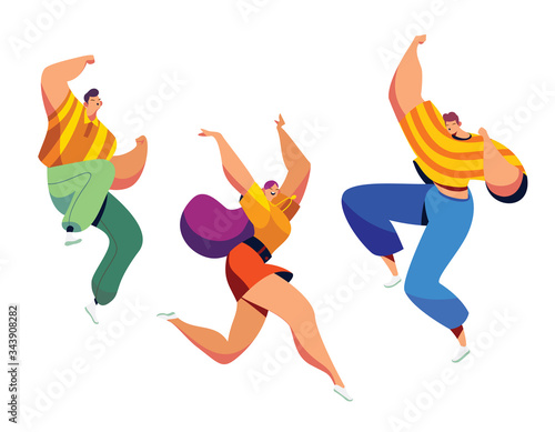 Happy people jump, fun and celebration group of people concept and vector illustration on white background. Female and male characters jump, company of people rejoices victory. Cartoon style.