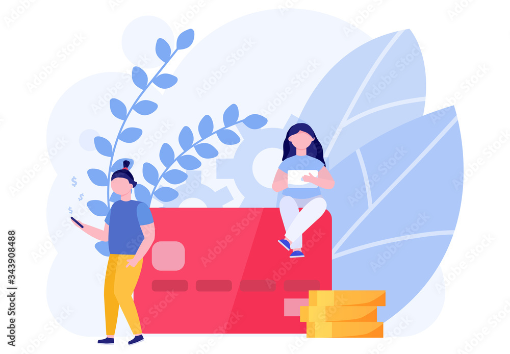 Modern people save money in mobile banking concept and vector illustration on white background. Wallet and accumulation of money. Female and male characters with gold coins. Flat style. Modern people save money in mobile banking concept and vector illustration on white background. Wallet and accumulation of money. Female and male characters with gold coins. Flat style.