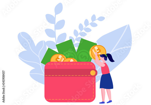 Saving cash from crisis concept and vector illustration on white background. Modern wallet and accumulation of money. Female characters with gold coins and cash. Flat style.