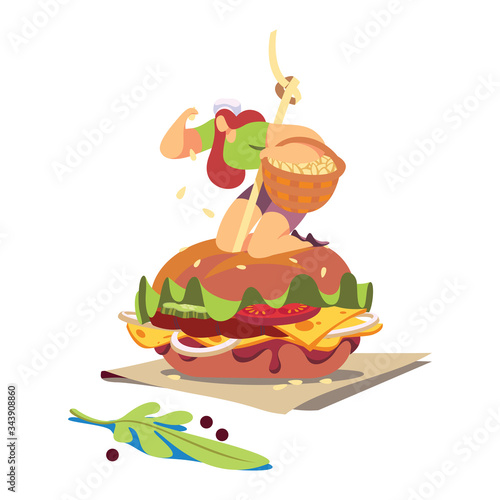 Woman cook burger, junk food for lunch concept and vector illustration on white background. Chef cook food. People prepare food and tasty meal. Female characters with fast food. Flat style.