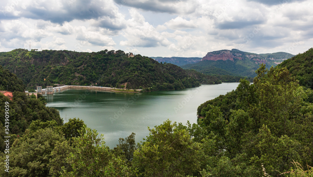 Panoramic view of the Sau reservoir dam with 90% of its capacity, Catalonia, Spain