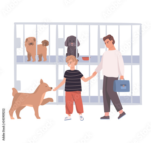 Dog give paw to kid and man concept and vector illustration on white background. Father and son, people characters. Animal nursery, help for abandoned pets, cages with dogs. Flat style.