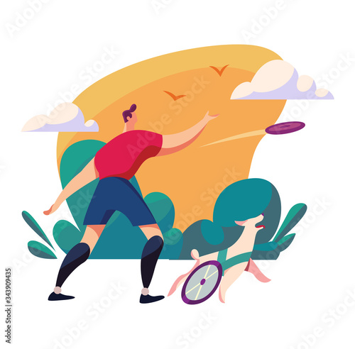 Disabled man with prosthetic legs play with dog in park concept and vector illustration on white background. Assistance in rehabilitation of disabled person. Male and dog characters. Flat style.