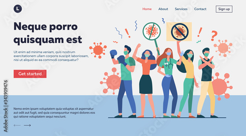 Crowd protesting against coronavirus. People wearing medical masks, holding placards with stop virus sign. Vector illustration for quarantine, society, health protection campaign concept