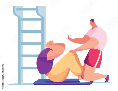 Training for men, athlete perform press exercises concept and vector illustration on white background. Health in gym under guidance of coach. Personal fitness trainer for sporty body. Cartoon style.
