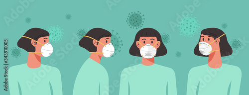 women wearing n95 masks stay at home to prevent virus spreading, flu prevention, air pollution, coronavirus or covid-19, social isolation, self quarantine concept, new normal, vector flat illustration