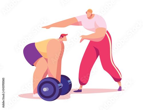 Bodybuilder working with barbell under guidance of instructor, concept and vector illustration on white background. Strengthening muscle and health. Personal fitness trainer. Cartoon style.
