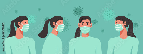 women wearing surgical masks stay at home to prevent from virus spreading, flu prevention, air pollution, coronavirus or covid-19, social isolation, self quarantine concept, vector flat illustration