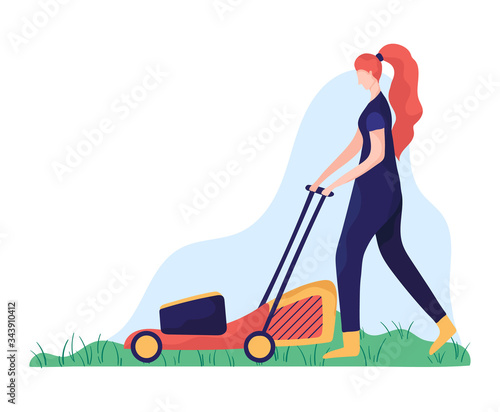 Woman lawn mower grass cutting farmer harvest in garden and ground design concept vector illustration isolated on white background. Shrub care, gardener work in kitchen garden.