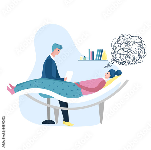 Woman female characters talking to psychologist about their problems, vector illustration. Calm interior in cabinet, doctor making session with patients trying to solve their problems.