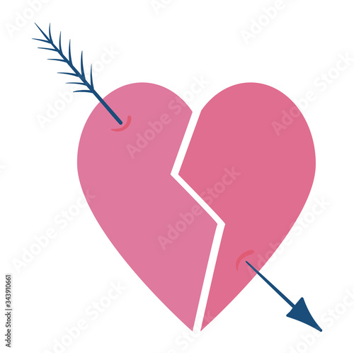 Broken heart pierced by arrow, failed love, bad love relationship concept and vector illustration on white background. Unstable mental state, female depression and stress. Flat style.